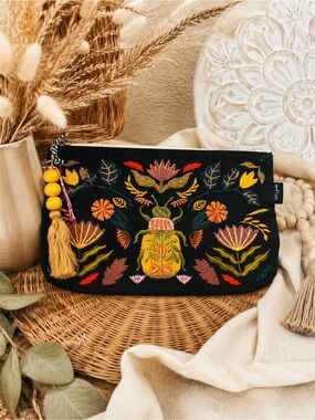 Danica Studio Black Embroidered Beetle Floral Clutch Pouch